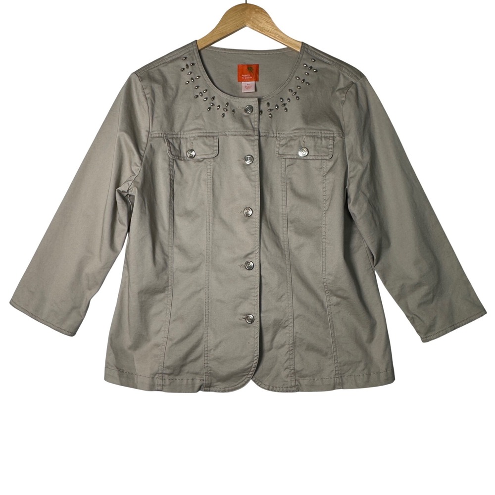 Hearts of Palm Womens Size 12 Taupe Beige Gray Studded 3/4 Sleeve Button Jacket